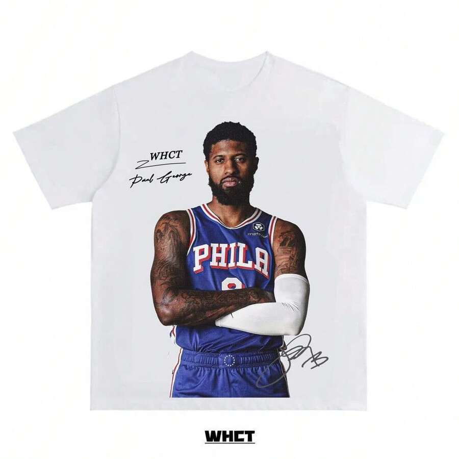 WHCT Paul George Loose-Fitting Pure Cotton Short-Sleeved T-Shirt, American Style, Youthful, Simple, Sporty, Casual, For Basketball Training, For Summer. - 白色 - 查看 1