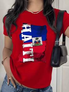 Camiseta con Estampado Gráfico de la Bandera y Mapa de Haití, 180g, 1 Pieza, Inspirada en Viajes, Casual para Mujer, 100% Algodón, Ropa de Verano - Rojo - Ver 9