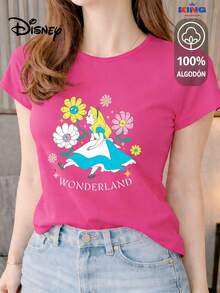 Women's T-Shirt Made Of 100% High-Quality Cotton. This T-Shirt Guarantees Exceptional Softness To The Touch, With A Round Neck, "Disney Alice In Wonderland Flowers" Print, And Short Sleeves. - 玫紅色 - 查看 1