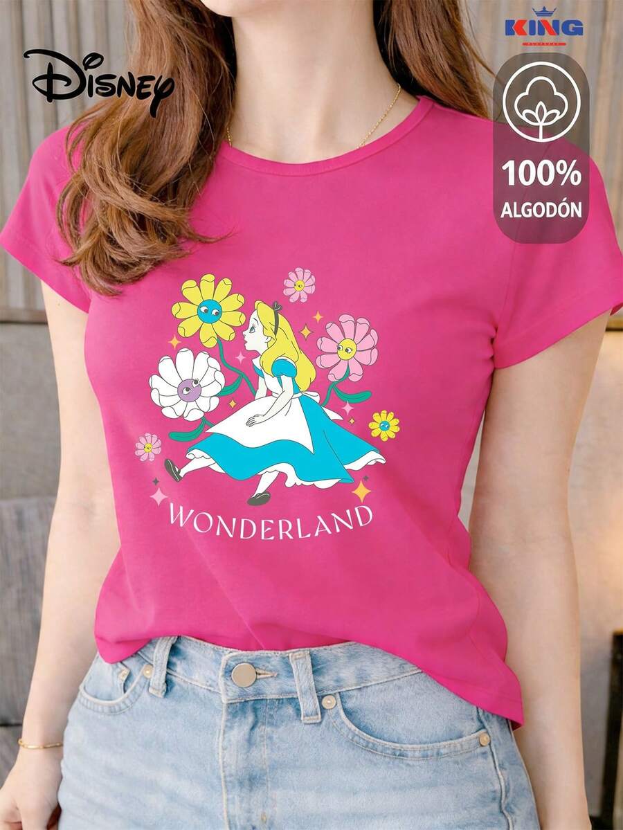 Women's T-Shirt Made Of 100% High-Quality Cotton. This T-Shirt Guarantees Exceptional Softness To The Touch, With A Round Neck, "Disney Alice In Wonderland Flowers" Print, And Short Sleeves. - 玫紅色 - 查看 1