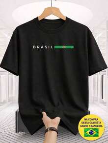 Brazil Unisex Minimalist T-Shirt With National Team Flag Design, 100% Cotton. Premium 100% Cotton. Comfortable And Casual. - 黑色 - 查看 2
