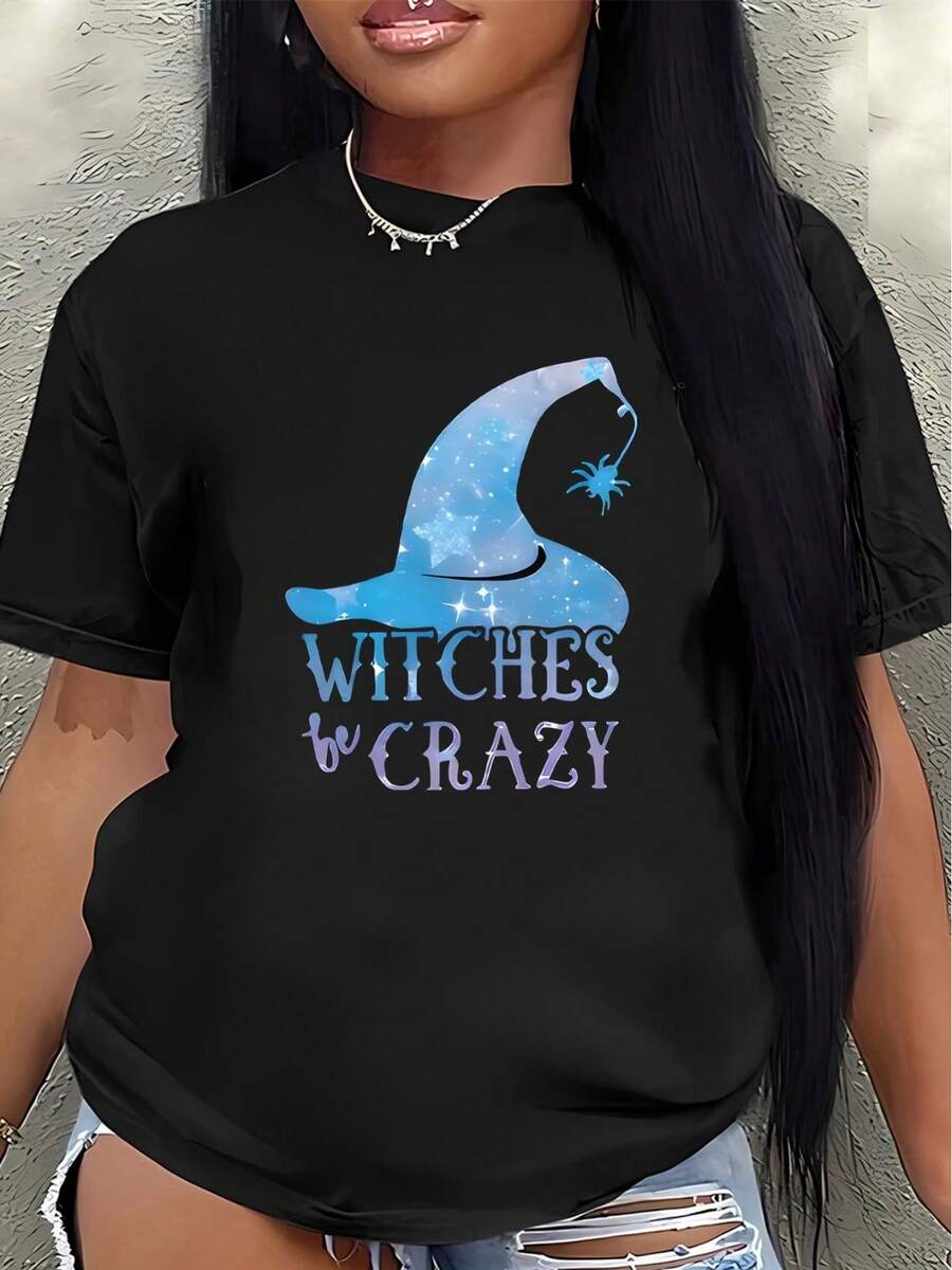 Lightweight T-Shirt With A Witch Hat Design And A Fun "Witch Madness" Print, Perfect For Halloween Parties, Casual Outings, Or Costume Parties, Offering A Comfortable Fit For Adults. Women's Blouses > Clothing - 黑色 - 查看 1