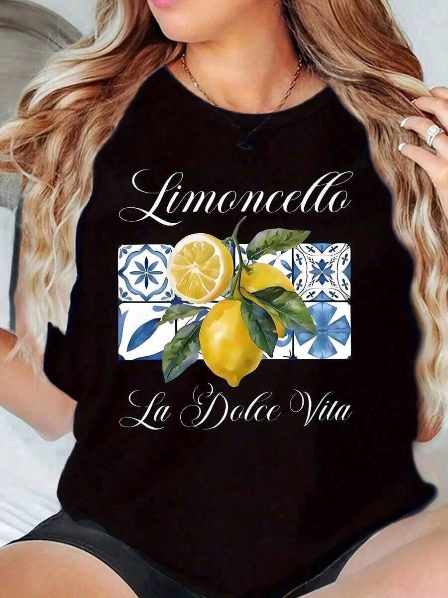 100% Cotton Women's Round Neck T-Shirt With Limoncello La Dolce Vita Print For Casual Wear, Soft, Simple Solid Color T-Shirt, Loose And Slim Fit, Casual Short Sleeve - 黑色 - 查看 1