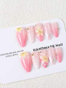10 chiếc móng tay giả dán sẵn hình hạnh nhân bóng thủ công, móng acrylic giả gradient hồng với trang trí hoa 3D & đá rhinestone, phong cách coquette ngọt ngào, làm thon tay & nhẹ, dùng hàng ngày & hẹn hò, nghệ thuật móng hoa bán chạy - Hồng - Xem 15