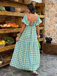 Vestido largo con cuello cuadrado, mangas abullonadas y estampado a cuadros amarillo y verde - Estilo bohemio retro para vacaciones, salidas diarias y uso casual, vestido de primavera y verano para mujer - Multicolor 4 - Ver 6