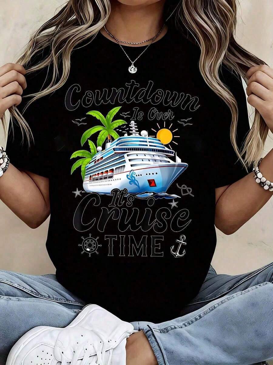 La cuenta regresiva para las vacaciones en crucero de las mujeres ha terminado, es hora de embarcarse. Camiseta de algodón puro para mujer con diseño de palmera y sol, cuello redondo, suave, cómoda, de tela elástica, adecuada para viajes, vacaciones, uso diario, uso en las cuatro estaciones, uso en festivales, estilo casual. - Negro - Ver 1