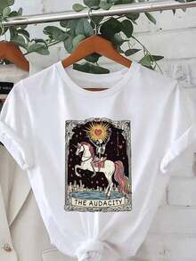 Camiseta de manga corta y cuello redondo de color rosa de Heavyweight Wo, con estampado de calaveras y motivos celestiales y la frase "THE AUDACITY", top casual con patrón geométrico, estilo cómodo para las cuatro estaciones, camiseta con estampado artístico para uso diario, textura suave y a la moda, 100% algodón transpirable, éxito de . - Blanco - Ver 1