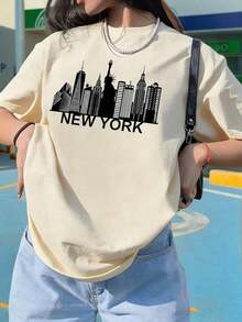 New Fashion Women's Crew Neck-Shirt Summer Short Sleeve T-Shirt For Women With Graphic Print Of New York City And Skyscrapers, Crew Neck, Loose And Versatile, Suitable For Daily Wear And Holidays. Pure-Cotton. Summer-Ready Versatile Design. - 杏 - 查看 8