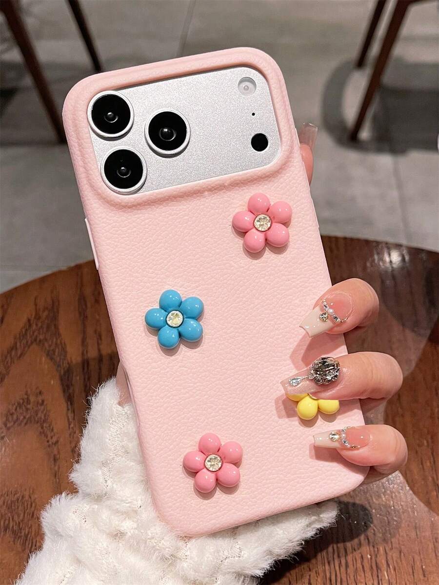 可爱3D闪亮水钻荔枝花手机壳，兼容 17 Pro Max、17 Pro、16 Pro Max、15、14 Pro、13 Pro，简约时尚马卡龙色哑光软边框防震保护套
