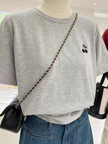 Women's Crew Neck T-Shirt With Men's Embroidered Print - Casual Crew Neck Top - Lightweight T-Shirt Suitable For All Seasons - 黑色 3 - 查看 3
