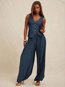 Women's Set (Top And Pants) Vest-Style Top With V-Neck And Button Closure, High-Waisted Fitted Pants With Pleats, Suitable For Office, Business, Casual, Brunch, Church, Autumn And Winter, Suitable For Office Attire - 白色 - 查看 4