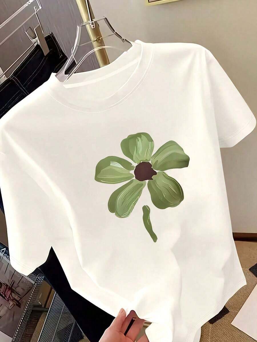 Camiseta de manga corta para mujer, recién llegada, con estampado de pintura al óleo floral pequeña dibujada a mano, corte regular, cuello redondo, ropa de primavera y verano para mujer, moda casual para exteriores, tela ligera y transpirable, regalo para hija o hermana en su cumpleaños. - Blanco - Ver 1