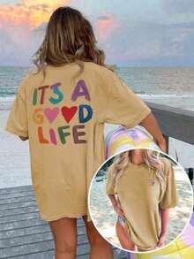 Women's Short-Sleeved T-Shirt With A Round Neck And Colorful Slogan Print, A New Summer Style Suitable For Everyday Wear. Vacation Graphic T-Shirt For Women, White Top For Women - 棕色 - 查看 6