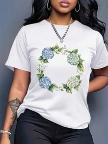 1 pieza talla grande - Camiseta de mujer de corte holgado - Top de cuello redondo, camisa casual transpirable para uso diario, adecuada para todas las estaciones, tanto para atuendos casuales como formales, camiseta de mujer, ropa de verano, estampado floral geométrico, camiseta cómoda, top de corte holgado, top a la moda, material ligero, camiseta de manga corta, para entusiastas de la moda, 180g Algodón 100%. - Negro - Ver 4
