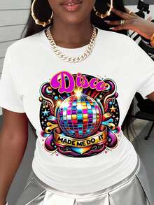 Disco Graffiti T-Shirt With Colorful Disco Ball And Musical Notes Print, Text 'Made Me Do It', For Party, Dance, Nightclub, Summer Fashion Cotton T-Shirt - Putih - View 11