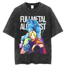 Mens Clothes;Summer Tops2026's Hottest Selling Washed Vintage T-Shirt FULLMETAL ALCHEMIST Street  Brand Animation Printing 9Cotton Washed Short Sleeve T-Shirt For Men And Women In Summersummer Outfits JD3F - 黑色 - 查看 1