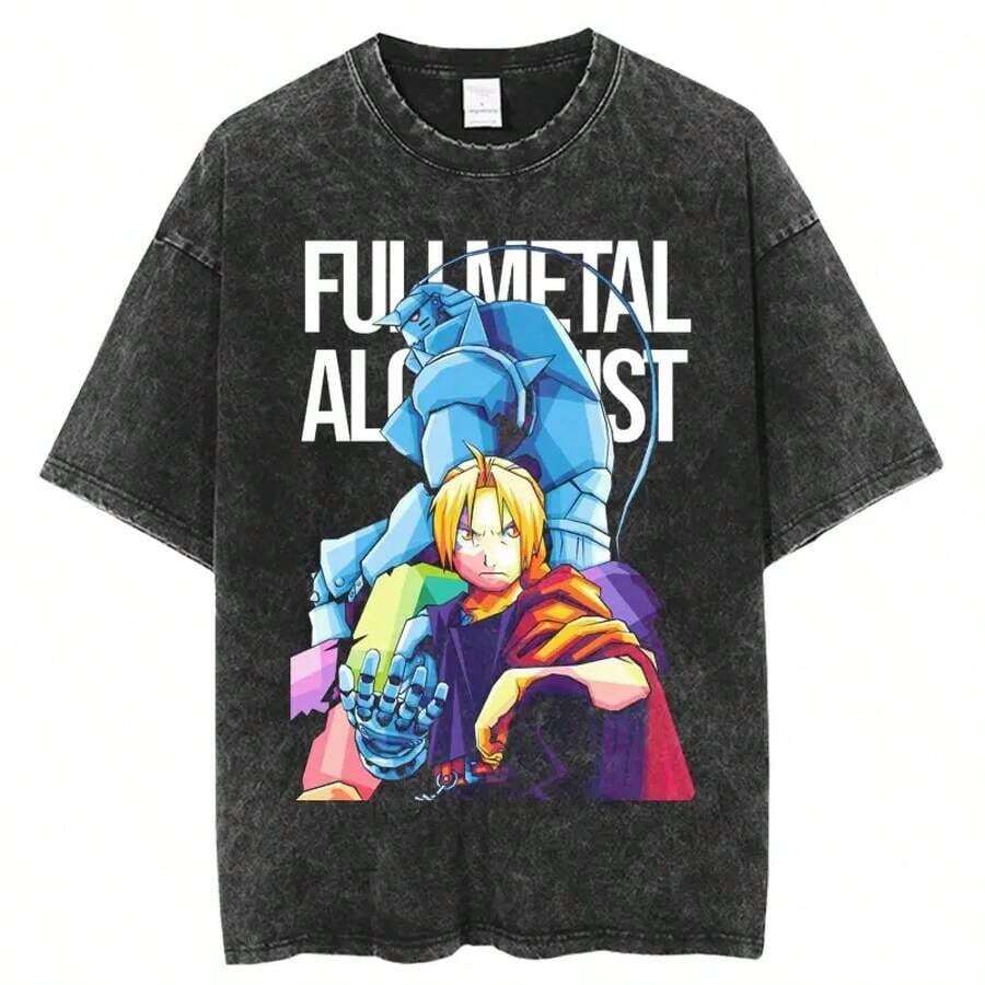 Mens Clothes;Summer Tops2026's Hottest Selling Washed Vintage T-Shirt FULLMETAL ALCHEMIST Street  Brand Animation Printing 9Cotton Washed Short Sleeve T-Shirt For Men And Women In Summersummer Outfits JD3F - 黑色 - 查看 1