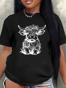 Lightweight And Durable Polyester Short-Sleeved T-Shirt With A Highland Cow Print, Suitable For Casual Wear At Home Or In Restaurants, Comfortable And Fitted For Everyday Use. Women's Casual Blouse - 黑色 - 查看 7