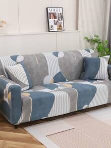 1pc Geometric Pattern Stretch Full Coverage Sofa Cover, Modern Style Polyester Fabric, Machine Washable, Suitable For All Seasons - Gray Blue - View 5
