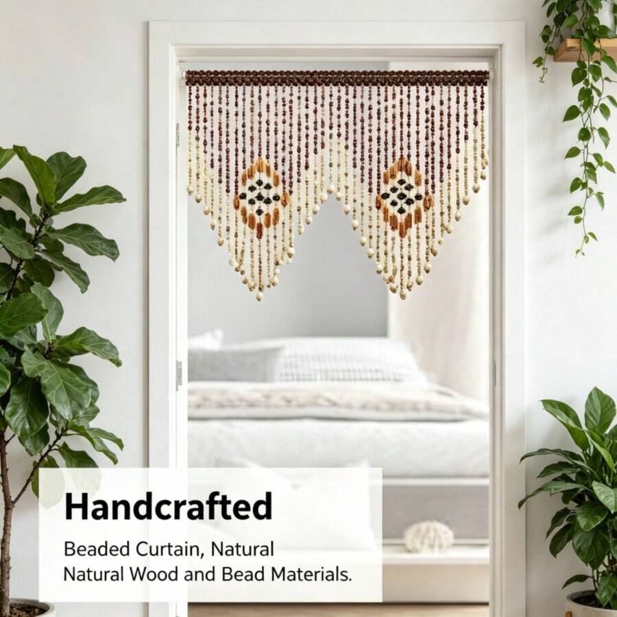 Bohemian Style Natural Wood Short Beaded Curtain, Natural Wooden Material, Contrast Beaded Design, Home Entrance Hallway Privacy Screen Divider Curtain - Multicolor - View 1