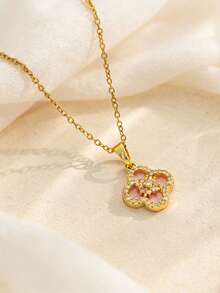 1pc Stainless Steel Sweet Cool Pink Mother Of Pearl Four-Leaf Clover Necklace, Luxury High-End Fashion Collarbone Chain For Women - Mother-of-pearl Four-leaf Necklace - View 4