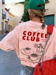Nueva Camiseta de Verano para Mujer, Estilo Simple y Moderno, con Estampado de Letras y Diseño de Cafetera Moka, Cuello Redondo, Manga Corta, Casual, Versátil y a la Moda. - Rosa Pálido - Ver 7