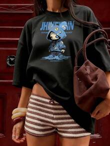 Blue Streetwear Character T-Shirt With "JHINEINN" Text, Fashionable Short-Sleeve T-Shirt For Spring/Summer 2026, Made In Mexico, 180 Grams. Cartoon Print, Couple Design, Suitable For Indoor Or Outdoor Wear. Crew Neck, Unisex, Ideal For Office And Leisure. One-Pack. - BK-P631577SLNDXZGY635 - 查看 2