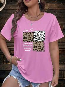 Women's Pink Printed Crew Neck T-Shirt, Loose Fit Women's T-Shirt - Short Sleeve Blouse With Letter Print And Crew Neck, Suitable For Casual Wear And Everyday Outfits. Machine Washable - Comfortable Loose Fit T-Shirts, Summer Short Sleeve T-Shirts Suitable For Women's Sizes (2XL-4XL) - 粉色 - 查看 1