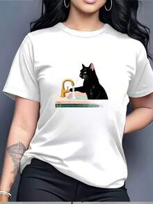Camiseta de Cuello Redondo con Estampado de Gato y Grifo, Regalo para Amantes de los Animales, Diversión Familiar, Camiseta Estampada para Mujer, Top Casual de Verano, para Fiestas de Pascua, 180G, Blusas Casuales de Alta Calidad y Cómodas para Mujer - Blanco - Ver 7