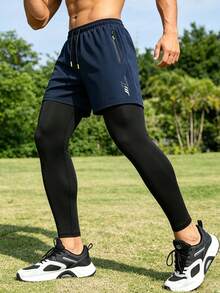 Men's Outdoor 2-In-1 Long Pants,Stretch Compression Tights For Trail Running, Hiking & Outdoor Training Sports - Navy Blue - View 4