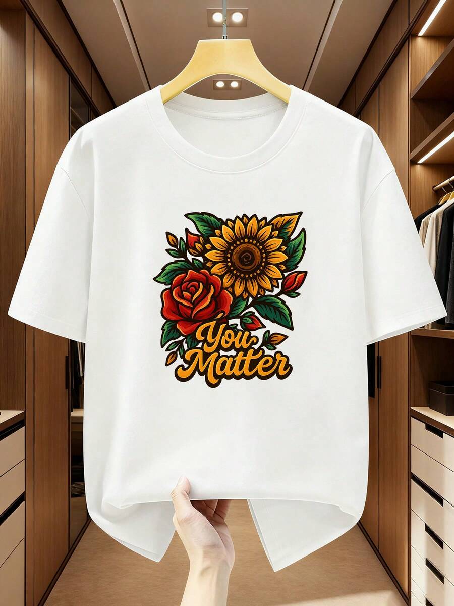 Men's Plus Size T-Shirt, 100% Cotton, Sunflower And Rose Print With "You Matter" Text, Comfortable Casual Short Sleeve Summer T-Shirt, PLUS SIZE - 白色 - 查看 1