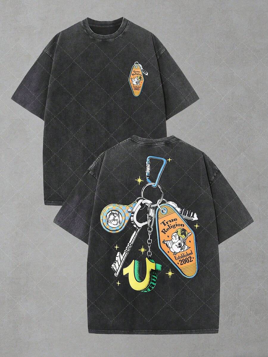 True Religions Buddha Keychain – Oversized T-Shirt With A Distressed Look For Men, Short-Sleeved, Made Of Pure Cotton, Relaxed Fit, Y2K Streetwear, Vintage, Casual, Retro Look, Baggy Cut, 100% Cotton, Pull-On Style, Gift - 黑色 - 查看 1