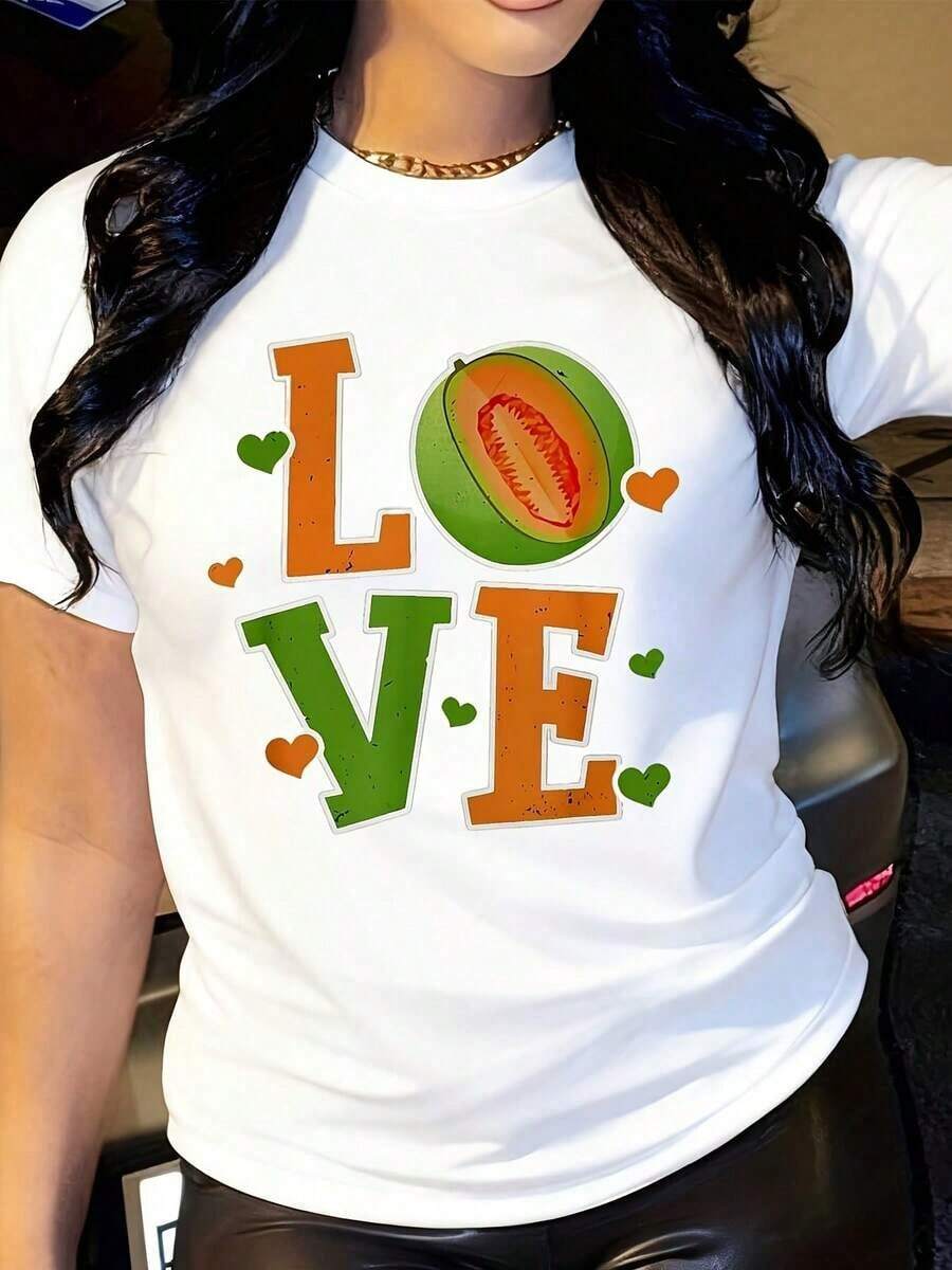 Camiseta Blanca con Estampado de Amor para Mujer - Cuello Redondo, Manga Corta, Estampado de Melón, Camiseta Casual Adecuado como regalo. playera de mujer. blusas>elegantes. boho chic,Top de mujer suave, transpirable y cómodo, ideal para primavera, verano y otoño, perfecto para vacaciones, viajes y uso diario. - Blanco - Ver 1