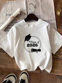 Camiseta Estampada para Mujer - Camiseta Casual de Manga Corta y Cuello Redondo con Diseño Graduado del 2026 en Color Blanco, Corte Relajado para Todas las Estaciones, Perfecta para Uso Diario y Celebraciones de Graduación, Lavable aáquina. - Blanco - Ver 7