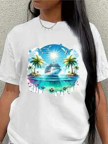 Camiseta de manga corta de poliéster, estampada con motivos de cruceros en islas tropicales, ligera y duradera, adecuada para uso casual en la playa, resort o entornos vacacionales, cómoda y ajustada para el uso diario.blusa casual mujer - Blanco - Ver 1