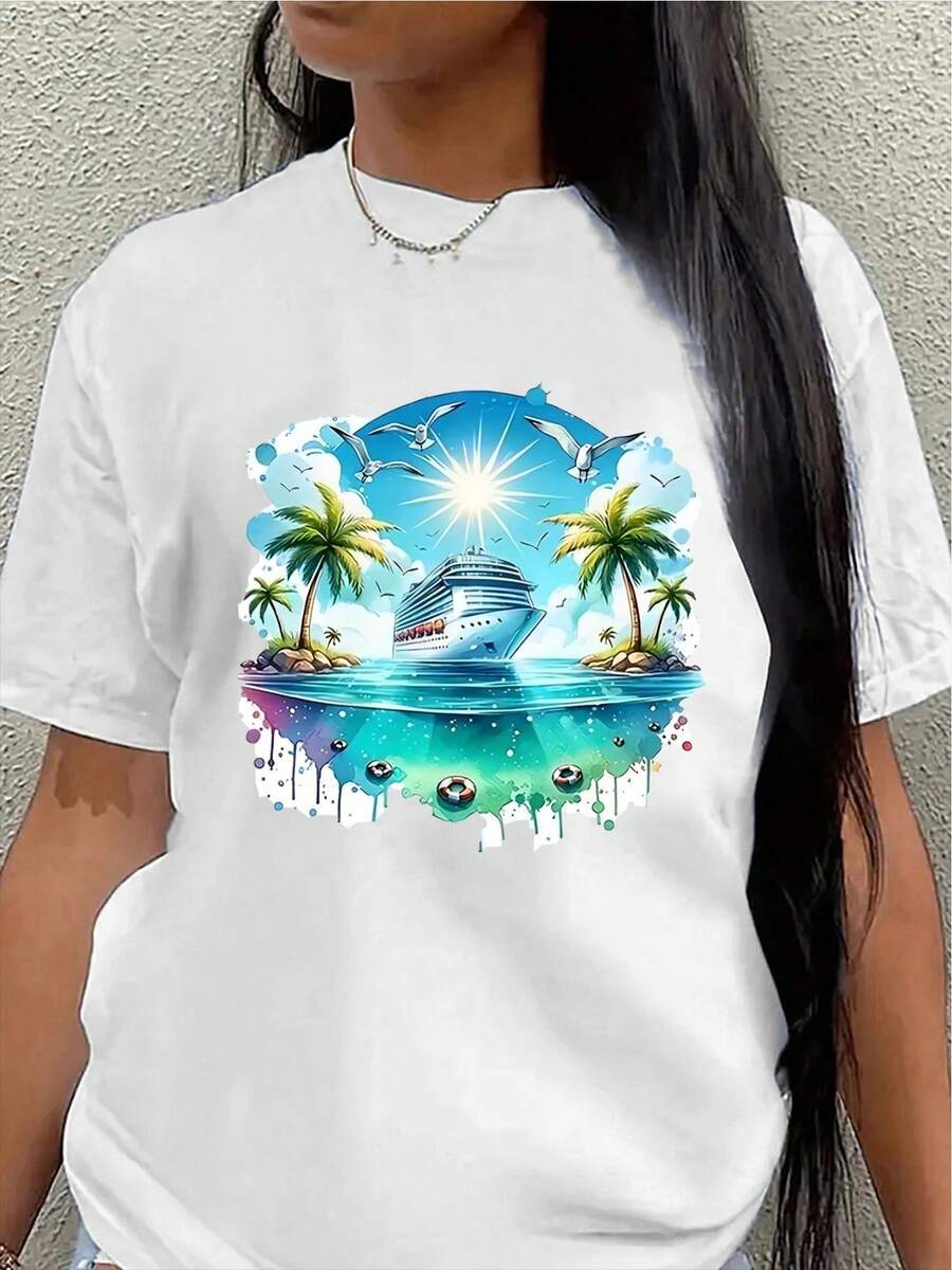 Camiseta de manga corta de poliéster, estampada con motivos de cruceros en islas tropicales, ligera y duradera, adecuada para uso casual en la playa, resort o entornos vacacionales, cómoda y ajustada para el uso diario.blusa casual mujer - Blanco - Ver 1