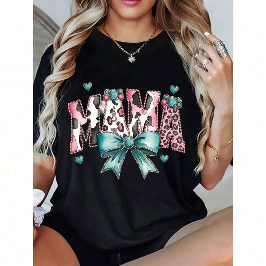 [100% Cotton] Women's Loose Fit Graphic T-Shirt - Mom Design With Hearts, Bows And Leopard Print, Soft And Breathable Crew Neck Short Sleeve Casual T-Shirt For Mother's Day Gift, All Season Comfort, Ca BSXQ IEUG - 白色 - 查看 1