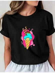 Camiseta Estampada para Mujer - Camiseta Casual de Manga Corta y Cuello Redondo en Negro con Colorido Diseño Gráfico de Helado. Corte Relajado para Todas las Estaciones, Perfecta para Uso Diario o Atuendos de Vacaciones (Lavable aáquina). - Negro - Ver 1