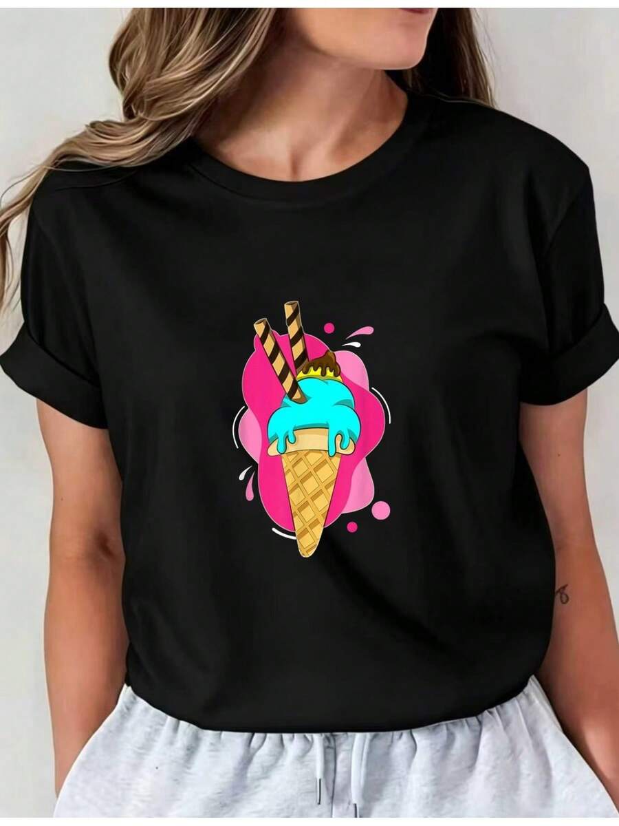 Camiseta Estampada para Mujer - Camiseta Casual de Manga Corta y Cuello Redondo en Negro con Colorido Diseño Gráfico de Helado. Corte Relajado para Todas las Estaciones, Perfecta para Uso Diario o Atuendos de Vacaciones (Lavable aáquina). - Negro - Ver 1