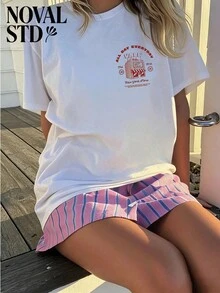 1 Piece Of Women's White Short-Sleeved T-Shirt, Casual Street Style, Vacation Style, Loose Fit, Multifunctional, With Round Neck And Double-Sided 'ale Store New York' Print, A Fashionable Garment Suitable For Everyday Wear. 180g 100% Cotton. - 白色 - 查看 2
