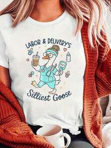 1 Piece Women's Cotton T-Shirt, Thank You T-Shirt For Labor And Delivery Nurses, Comfortable Women's T-Shirt, Casual Short Sleeve Crew Neck Graphic Print Spring T-Shirt For Women (Holiday Season) 180g 100% Cotton - 白色 - 查看 8