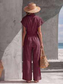 Casual Retro-Style Jumpsuit For Vacation, V-Neck With High Collar, Zipper And Drawstring - Burgundy - View 2