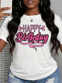 Camiseta Gráfica con Letras Rosadas de Feliz Cumpleaños para Mujer, Top Casual de Manga Corta, Regalo para Celebración de Cumpleaños, Estilo Vintage Urbano, Unisex, Camiseta Holgada de Algodón con Cuello Redondo y Manga Corta, 100% algodón - Blanco - Ver 3