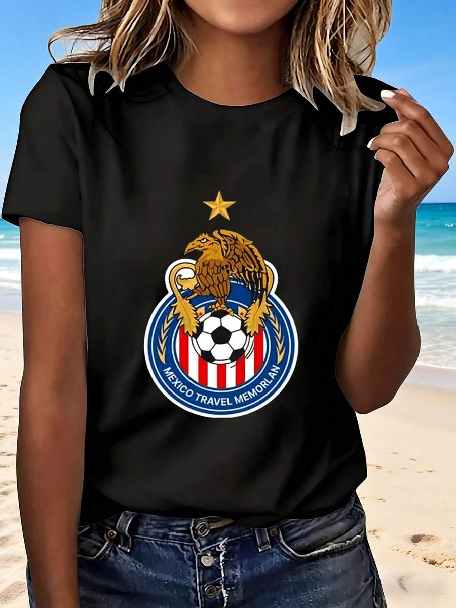 Mexico Travel Memorial T Shirt With Soccer Ball Design Fashion Trendy Casual Wear Perfect Gift For Football Fans Beach Vacation Outing - Negro - Ver 1