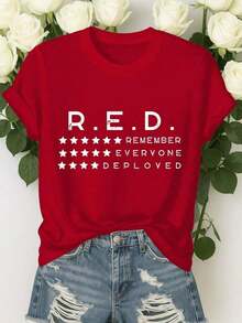 Oversized Short Sleeve T-Shirt - Friday We Wear Red Remember All Deployed Personnel, Red Friday T-Shirt, RE Commemoration T-Shirt, Fashionable Loose Top For Women, Comfortable For Everyday Wear, Suitable For Casual Activities, Breathable And Slightly Stretchy, Machine Washable, 100% Cotton - 紅色 - 查看 4