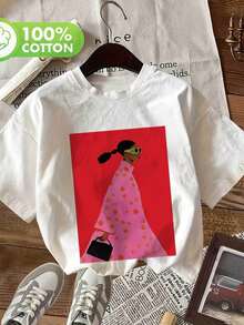 Women's T-Shirts, Spring/Summer Top, Pop Art Style, Polka Dot Print, Fashionable Glasses, Handbag, Pure, Modern And Casual, Loose Fit, Short Sleeve, Round Neck, Oversized T-Shirt For Women. - 白色 - 查看 1