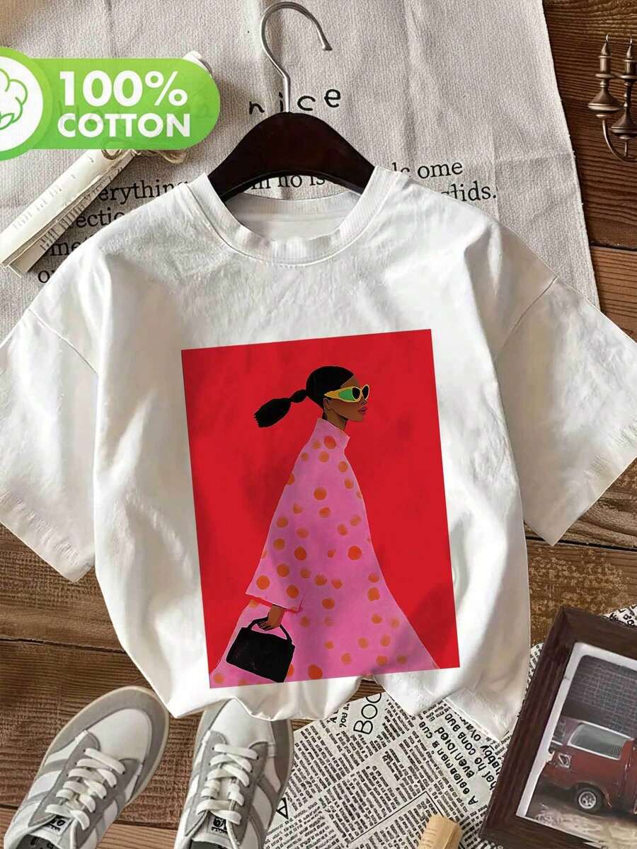 Women's T-Shirts, Spring/Summer Top, Pop Art Style, Polka Dot Print, Fashionable Glasses, Handbag, Pure, Modern And Casual, Loose Fit, Short Sleeve, Round Neck, Oversized T-Shirt For Women. - 白色 - 查看 1