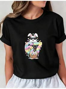 Women's Casual Sports T-Shirt With Colorful Rabbit And Easter Basket Graphic - Black Elastic Crew Neck T-Shirt, Machine Washable, Comfortable Fit And Suitable For All Seasons, For Daily Use. - 黑色 - 查看 1