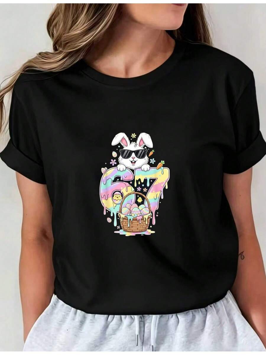 Women's Casual Sports T-Shirt With Colorful Rabbit And Easter Basket Graphic - Black Elastic Crew Neck T-Shirt, Machine Washable, Comfortable Fit And Suitable For All Seasons, For Daily Use. - 黑色 - 查看 1