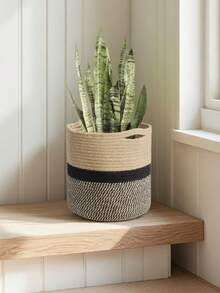 麻繩植物籃，現代編織盆栽套，20cm/28cm，卡其色 & 深灰色，落地式室內盆栽架，繩索收納整理籃，農舍風家居裝飾，白色條紋 - A - 查看 2